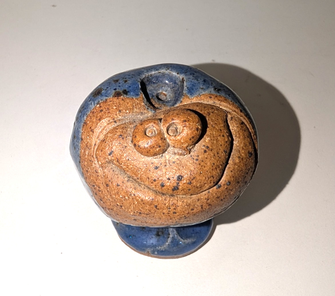 Vintage Folk art pottery Face Incense Burner Holder Derpy blue brown Mid Century