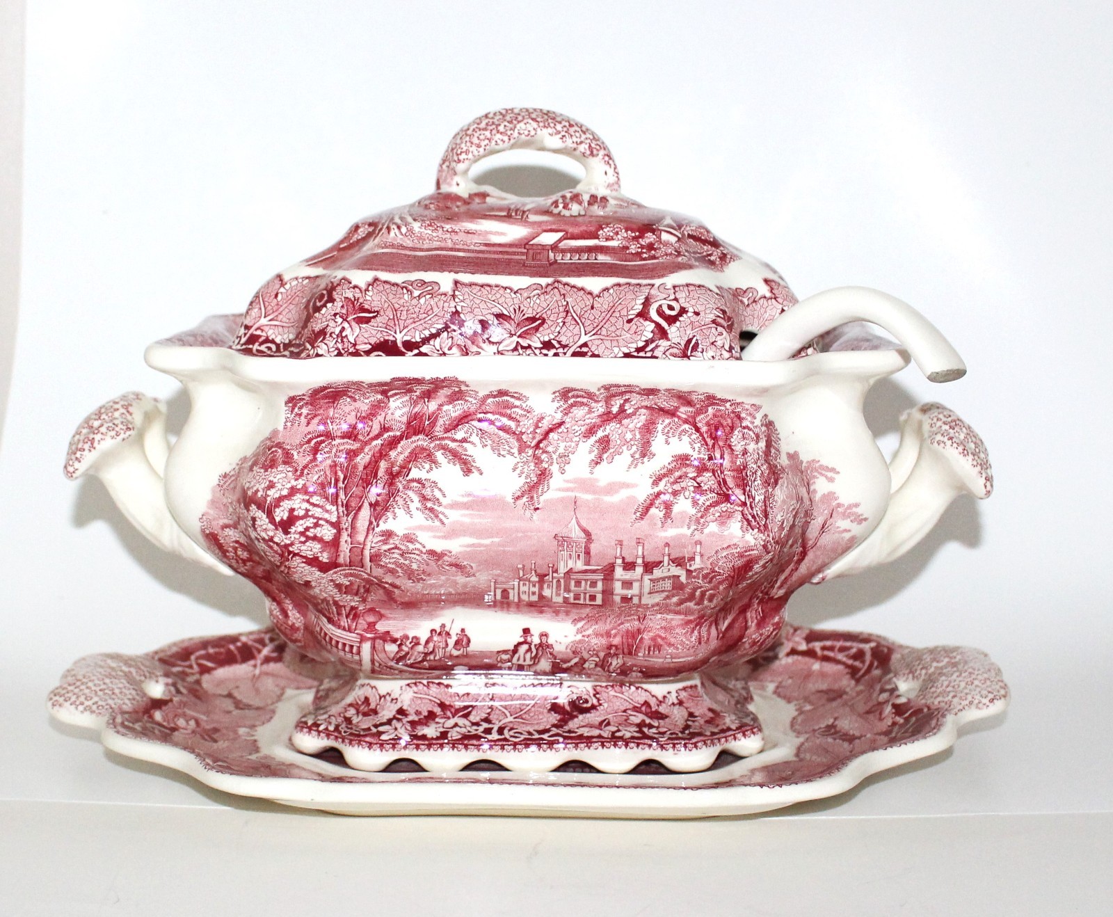 VINTAGE MASON\'S VISTA IRONSTONE PINK RED LARGE SOUP TUREEN LID UNDER PLATE LADLE