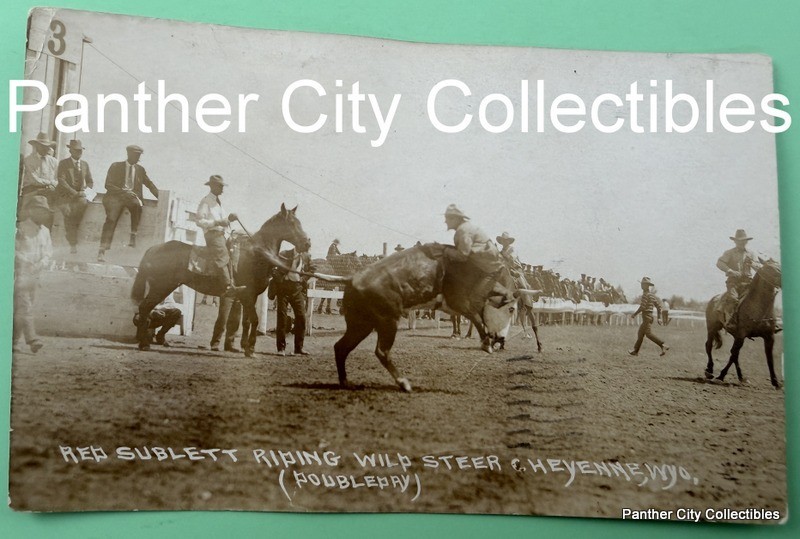 1938 Antique RPPC Photo Cheyenne Wyoming Rodeo Red Sublett Wild Steer Cowboy