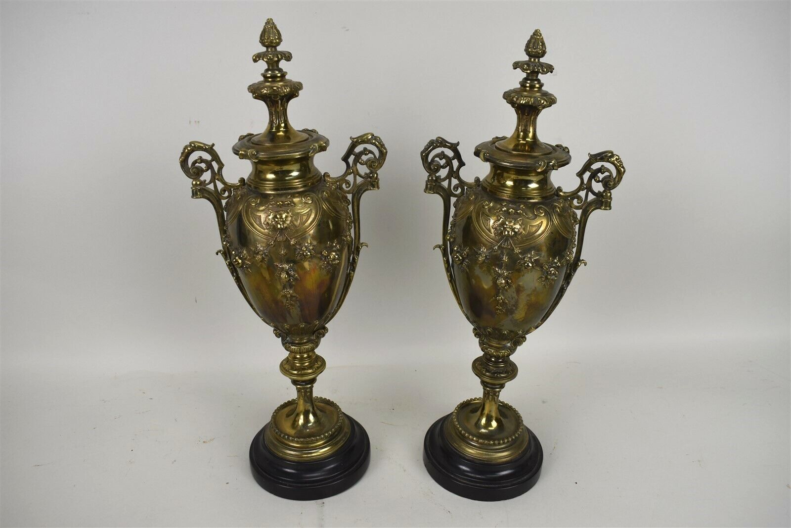 Antique French Cassolettes Urns Onate Heavy Bronze Metal Statues Pair Mantle