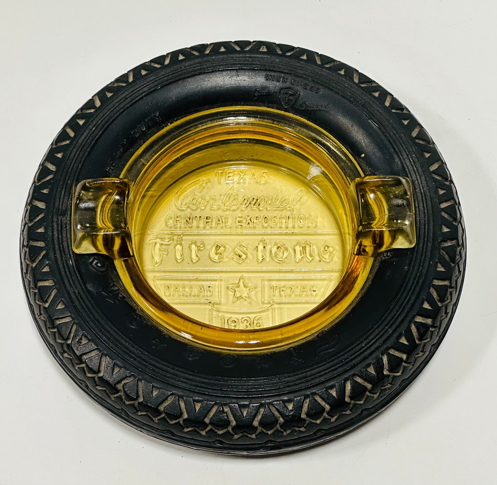 Vintage advertising Firestone tire ashtray Centennial expo Dallas, Tx 1936