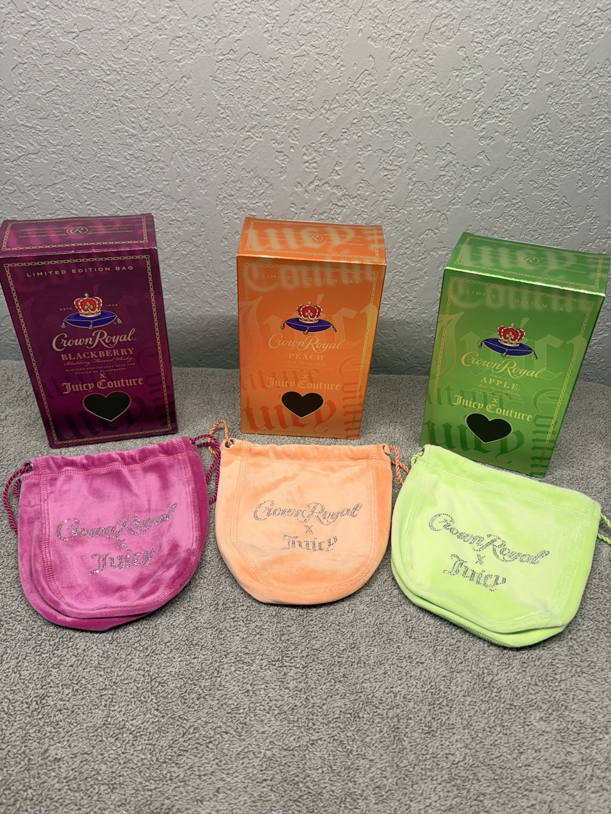 Crown Royal X Juicy Couture Collab 3 Boxes 3 Bags BLING  All 3 Colors NO LIQUOR 