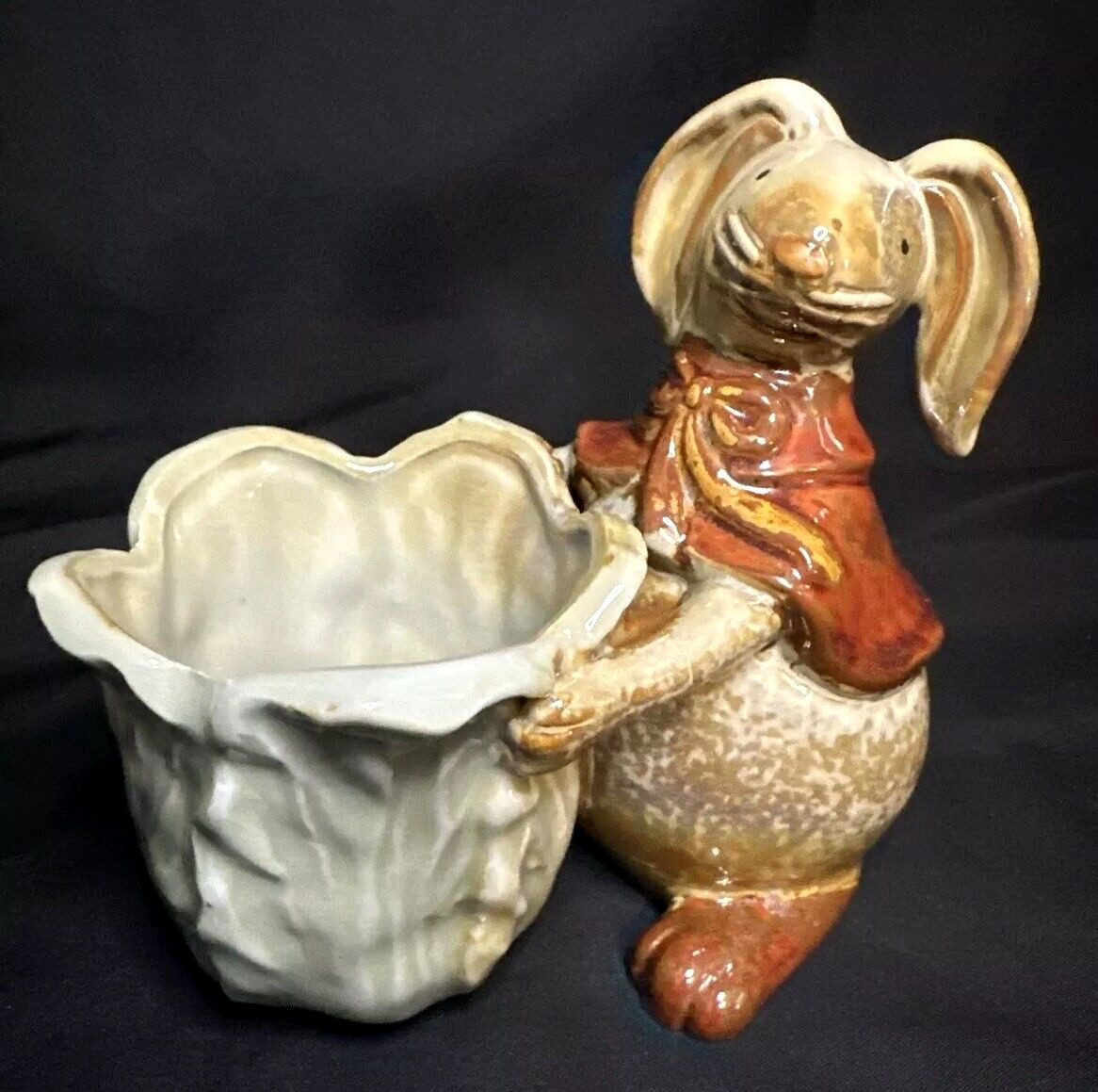 Bunny Rabbit Planter 9” Ceramic Cabbage Basket Figurine Vintage