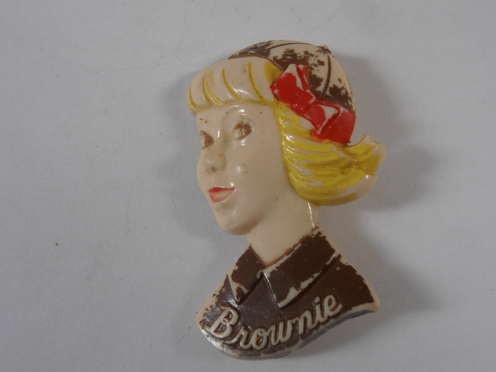 Vintage 1950s Brownie Girl Scout Plastic Pin Colorful Figural Celluloid