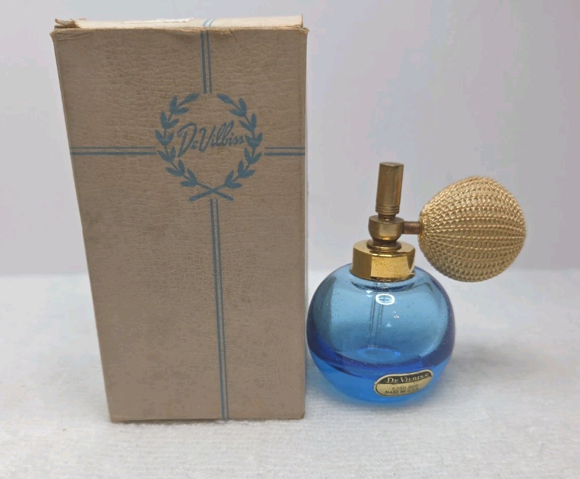 Vtg DeVilbiss S250-909 Perfume Atomizer MINT Blue Glass Box Foil Label Never Use Vtg DeVilbiss S250-909 Perfume Atomizer MINT Blue Glass Box Foil Label Never Use
