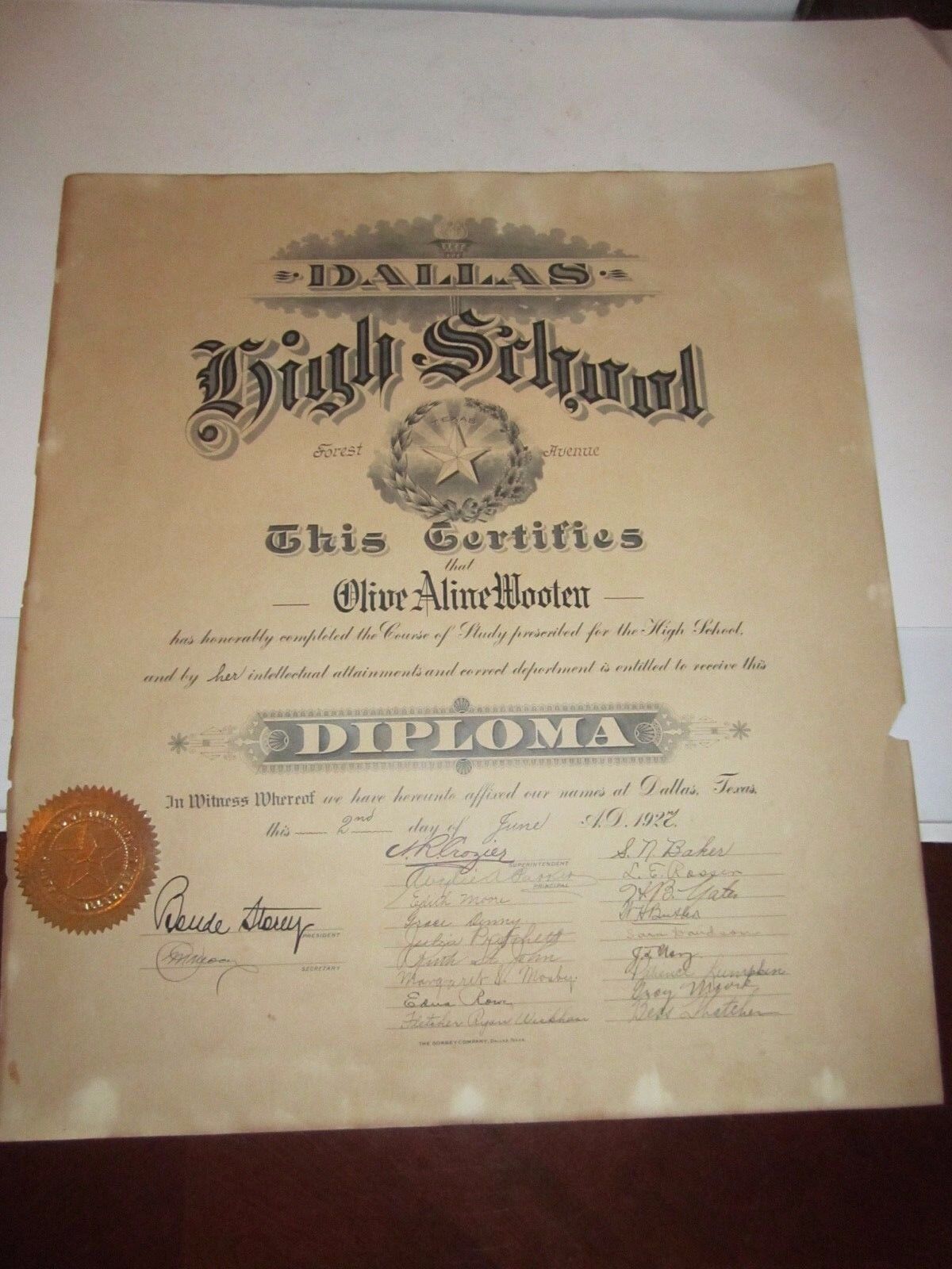 1922 DALLAS HIGH SCHOOL DIPLOMA - SPECTACULAR - 18\