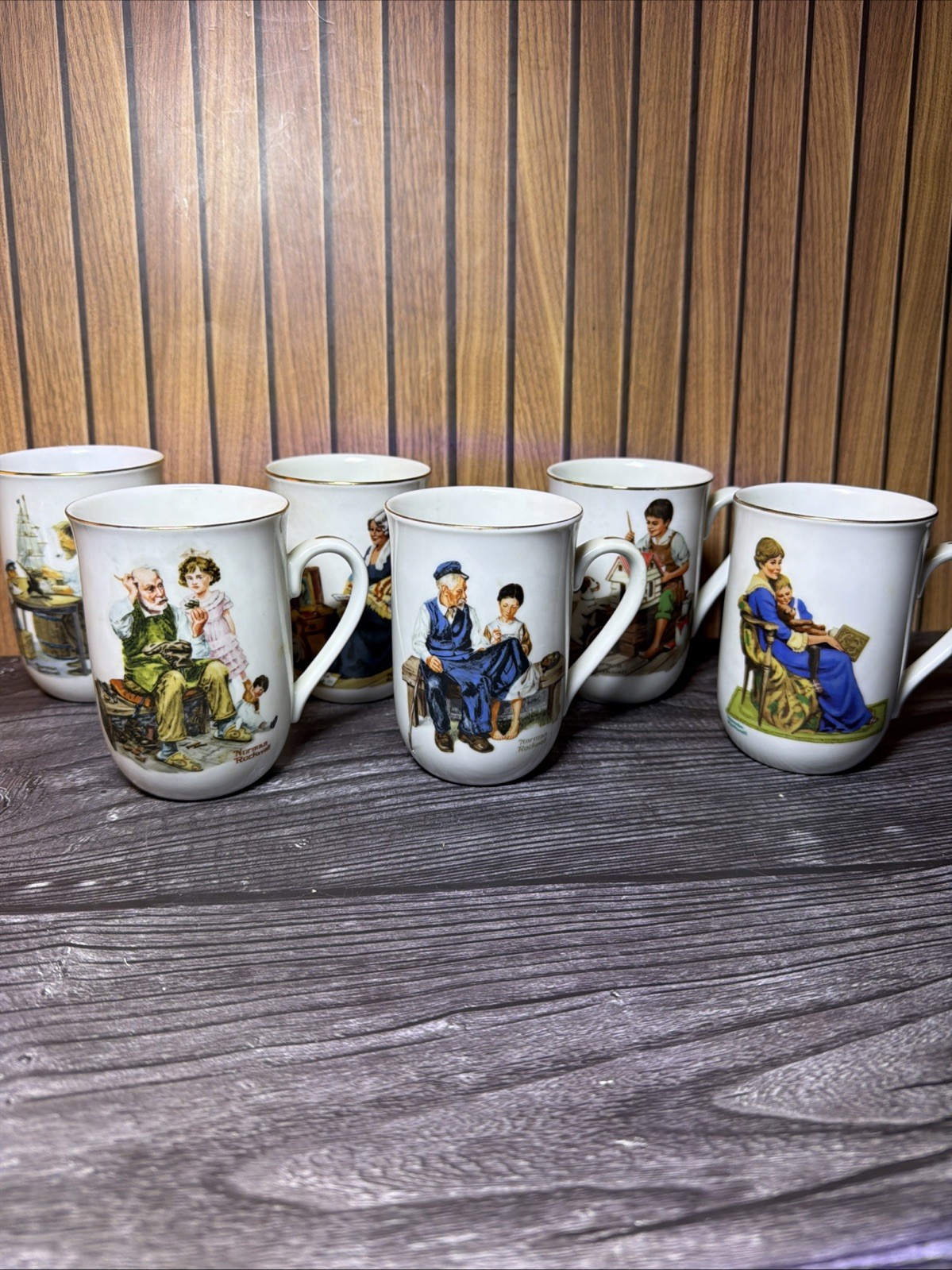 Vintage Norman Rockwell Museum Coffee Mugs 1982 Gold Rim Set of 6