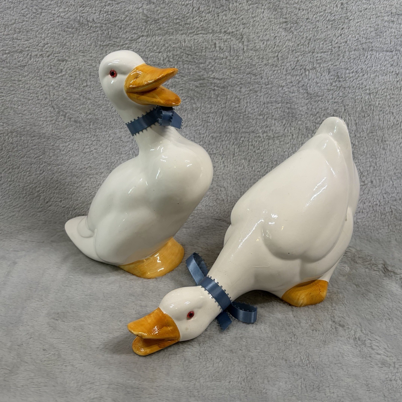 Vintage 1980s Ceramic Goose Figurines Pair White Blue Bows Cottagecore Ducks