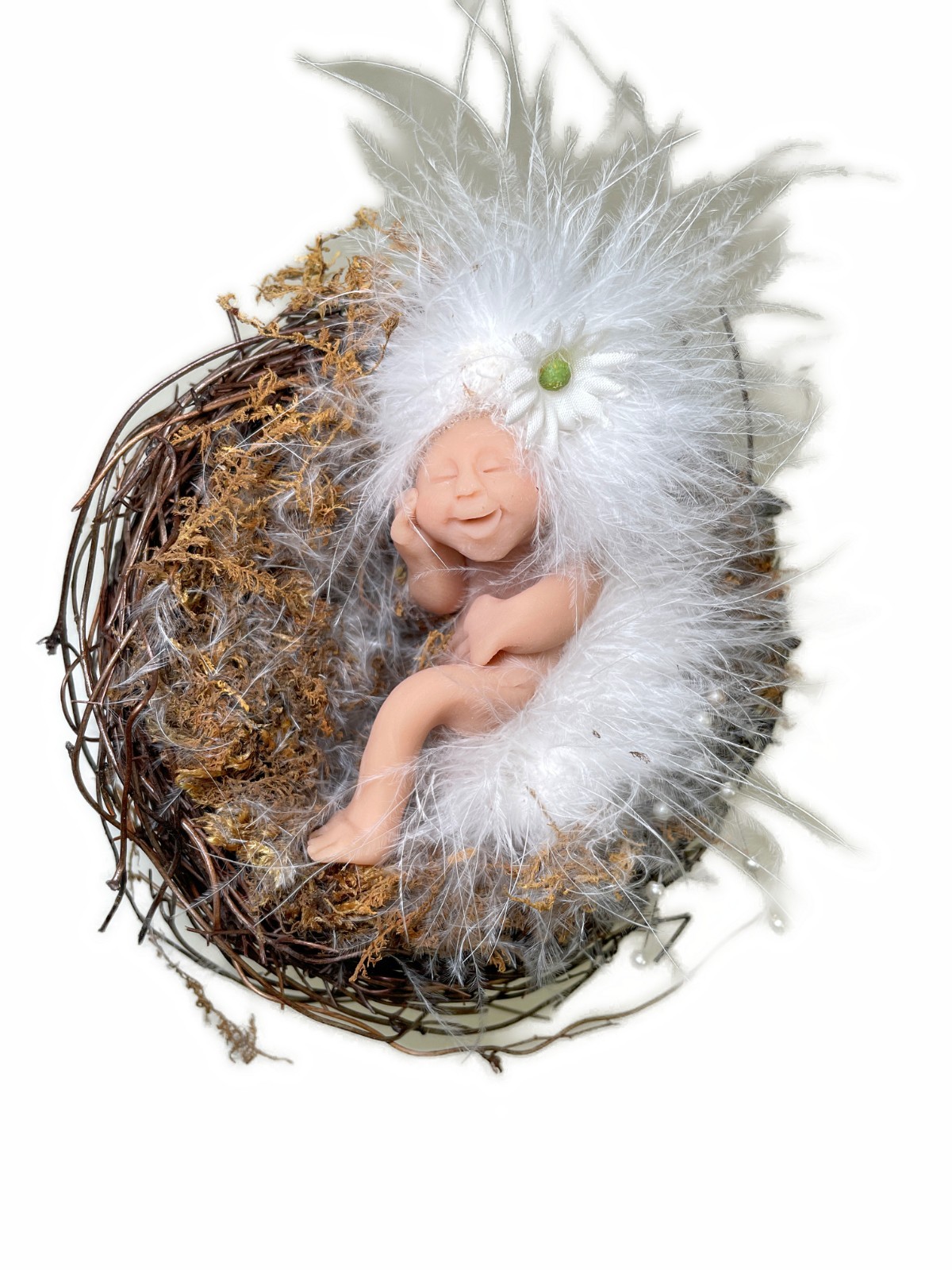 Sleeping Fairy Baby in Nest 2 Piece H4”x D4.5” Happy Smiling Pixie Nymph
