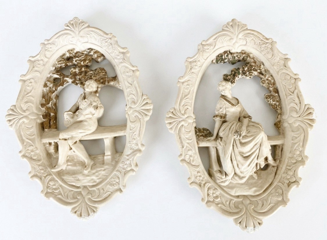 Vintage Syroco Chalkware Wall Plaque Set Mid Century Romantic Courting Art