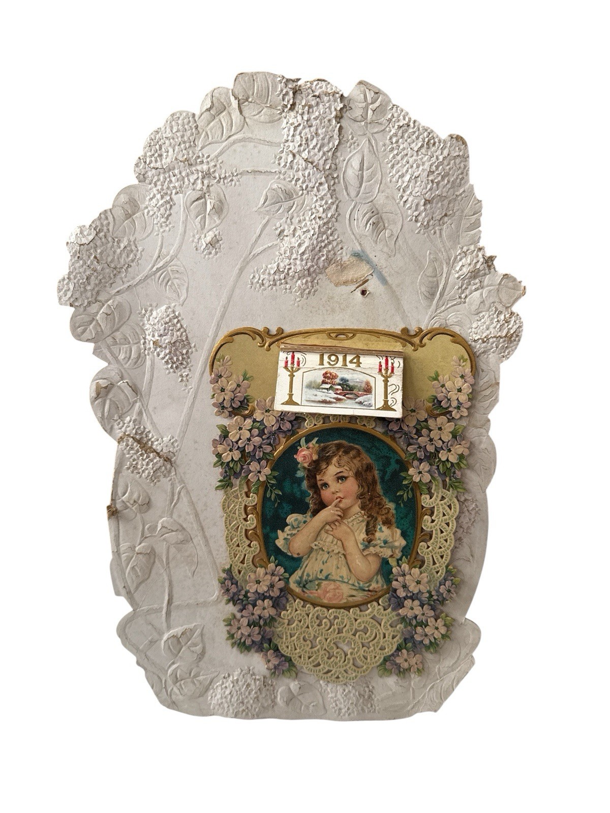 Antique Victorian Die Cut Calendar Litho Hydrangeas 1914 Free Standing Table Top