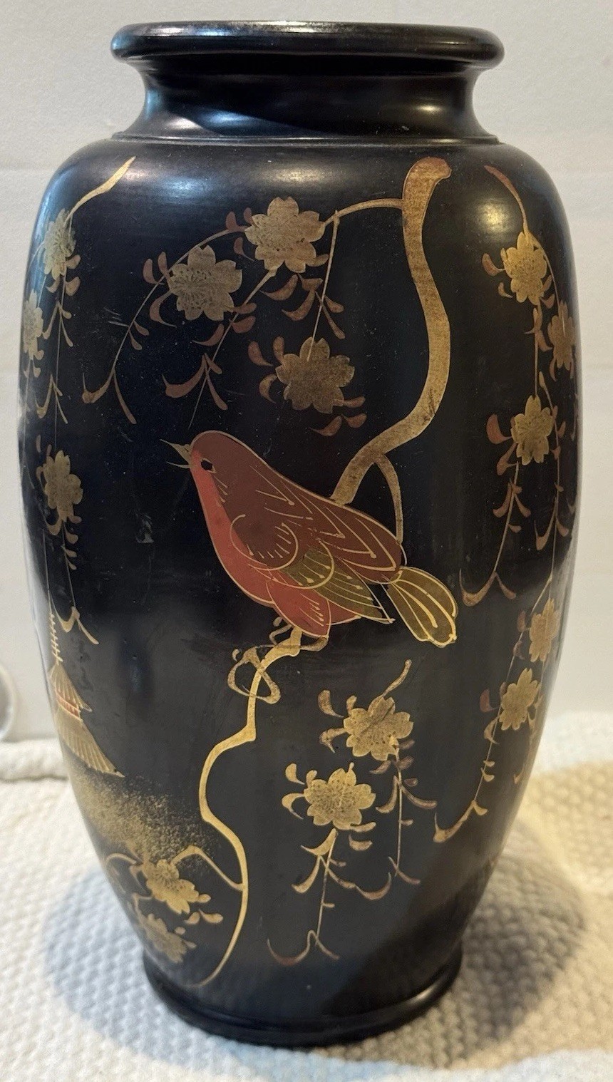 Vintage Hand Painted Bird Motif Gold Gilt Black Japanese Pottery Vase Lamp Body