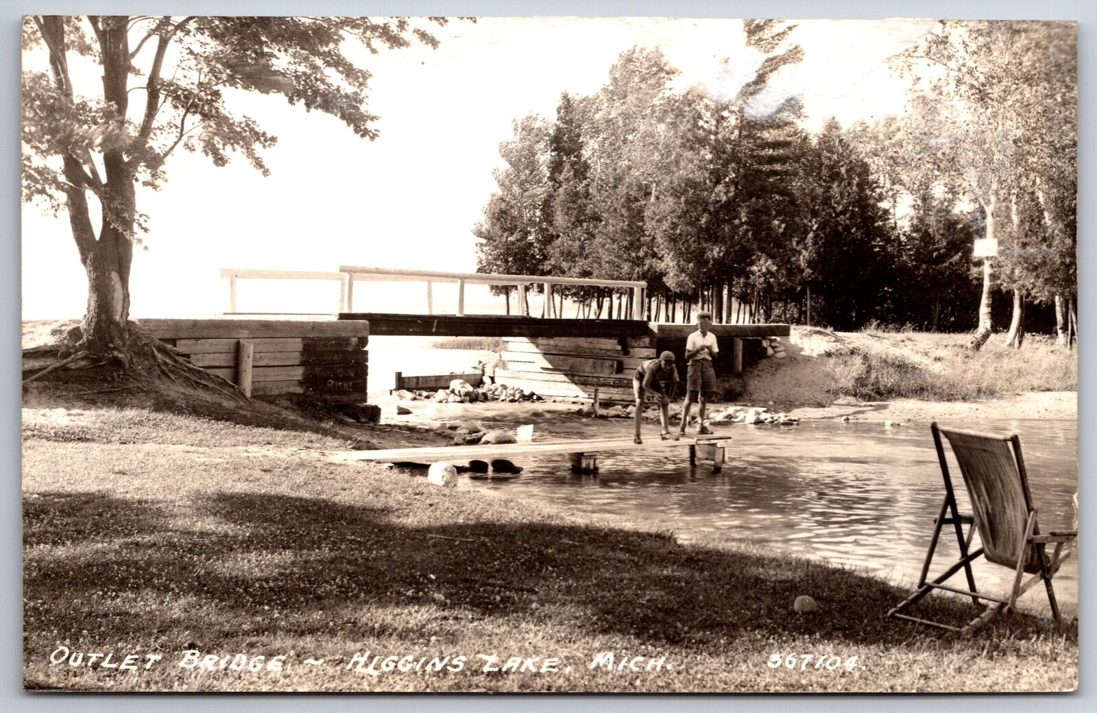 Higgins Lake Michigan~Young Boys Play @ Outlet Bridge~Real Photo~1930s RPPC