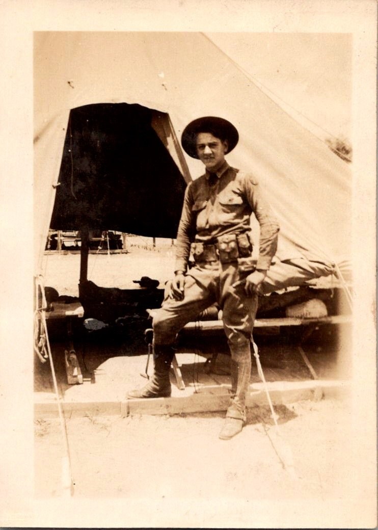 Vintage WWI Era Photo Young US Soldier Military Uniform Tent Camp Sepia Snapshot
