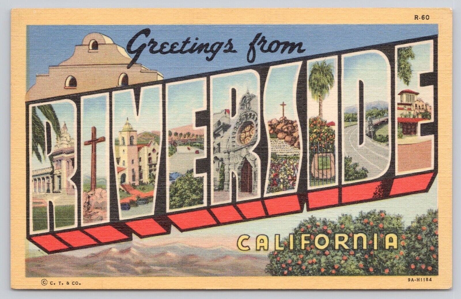 Greetings from Riverside California CA Large Letter 1954 Linen Postcard