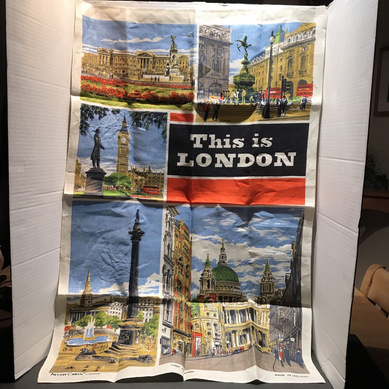 Vintage souvenir This Is London tea towel Irish Cabin linens 60s 70s Big Ben 