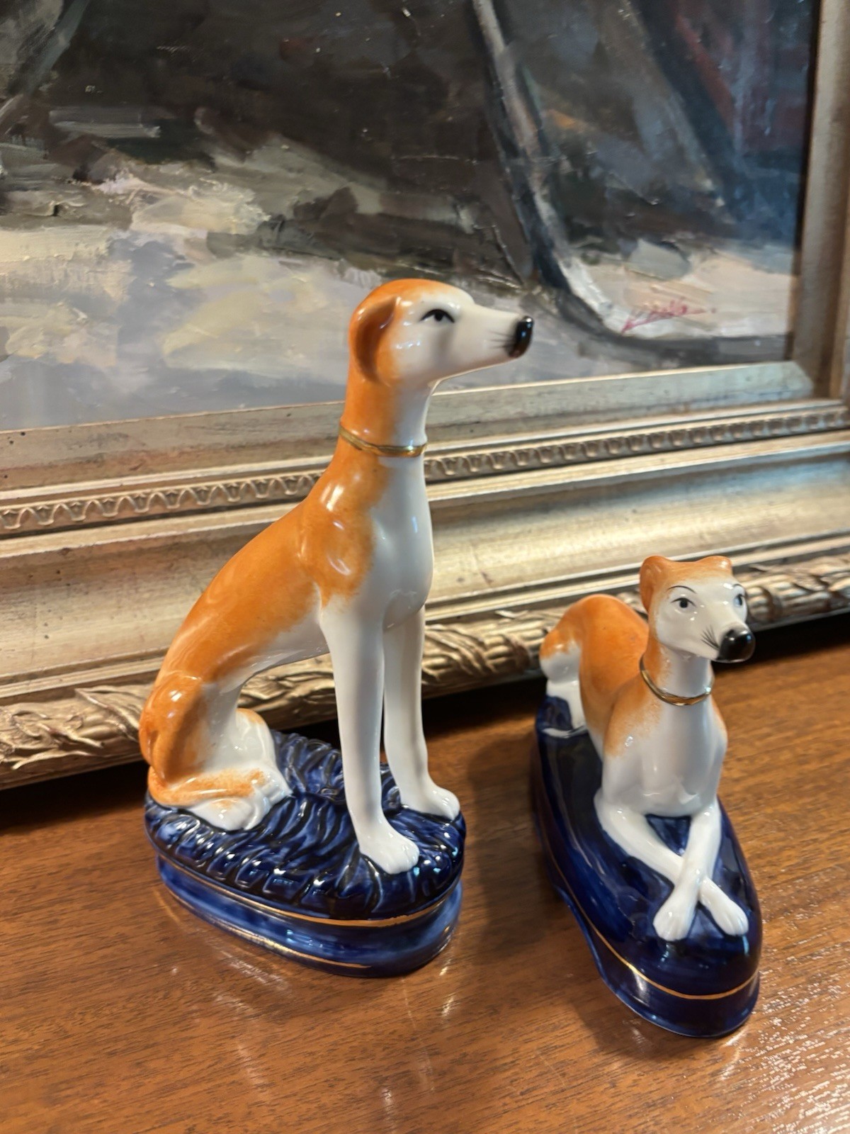 Set Of 2 Vintage English Staffordshire Greyhound Whippet Figurines Porcelain Set Of 2 Vintage English Staffordshire Greyhound Whippet Figurines Porcelain
