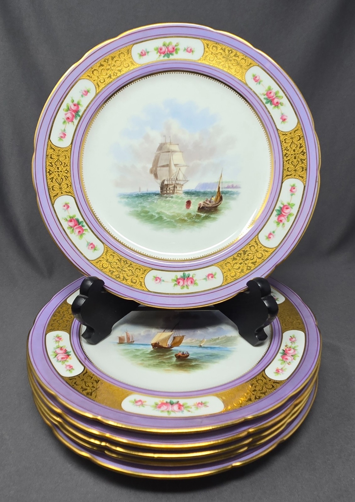 Set 6 Minton Lavender and Hand Painted Ship Scenes 9 1/4\