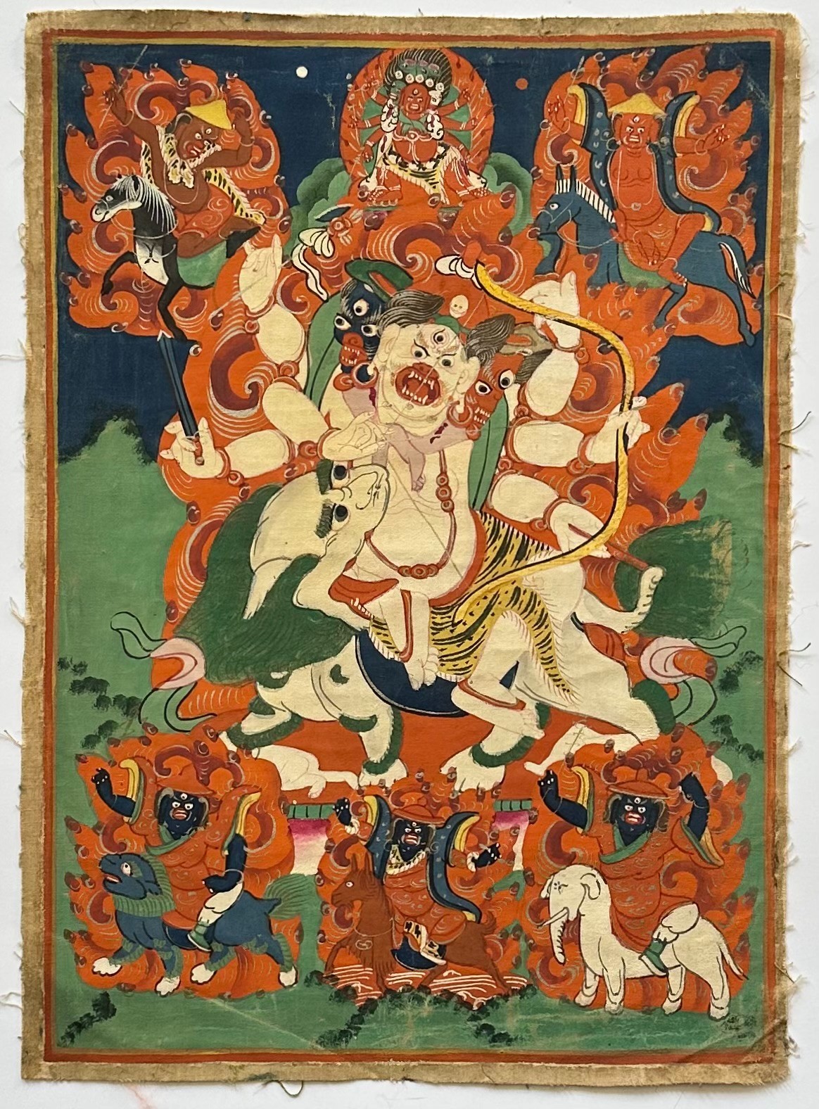 Rare 19thC Mongolian Tibetan Buddhist Thangka Protector Deity Pehar Retinue
