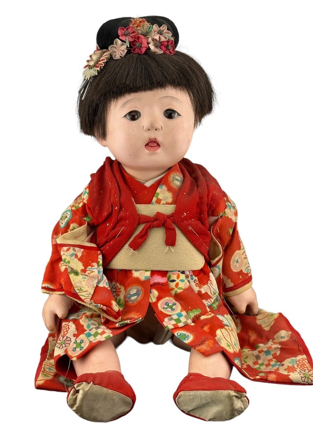 Japanese Ichimatsu Baby Doll Gofun 16” Inset Glass Eyes Kimono, Squeaker Vintage