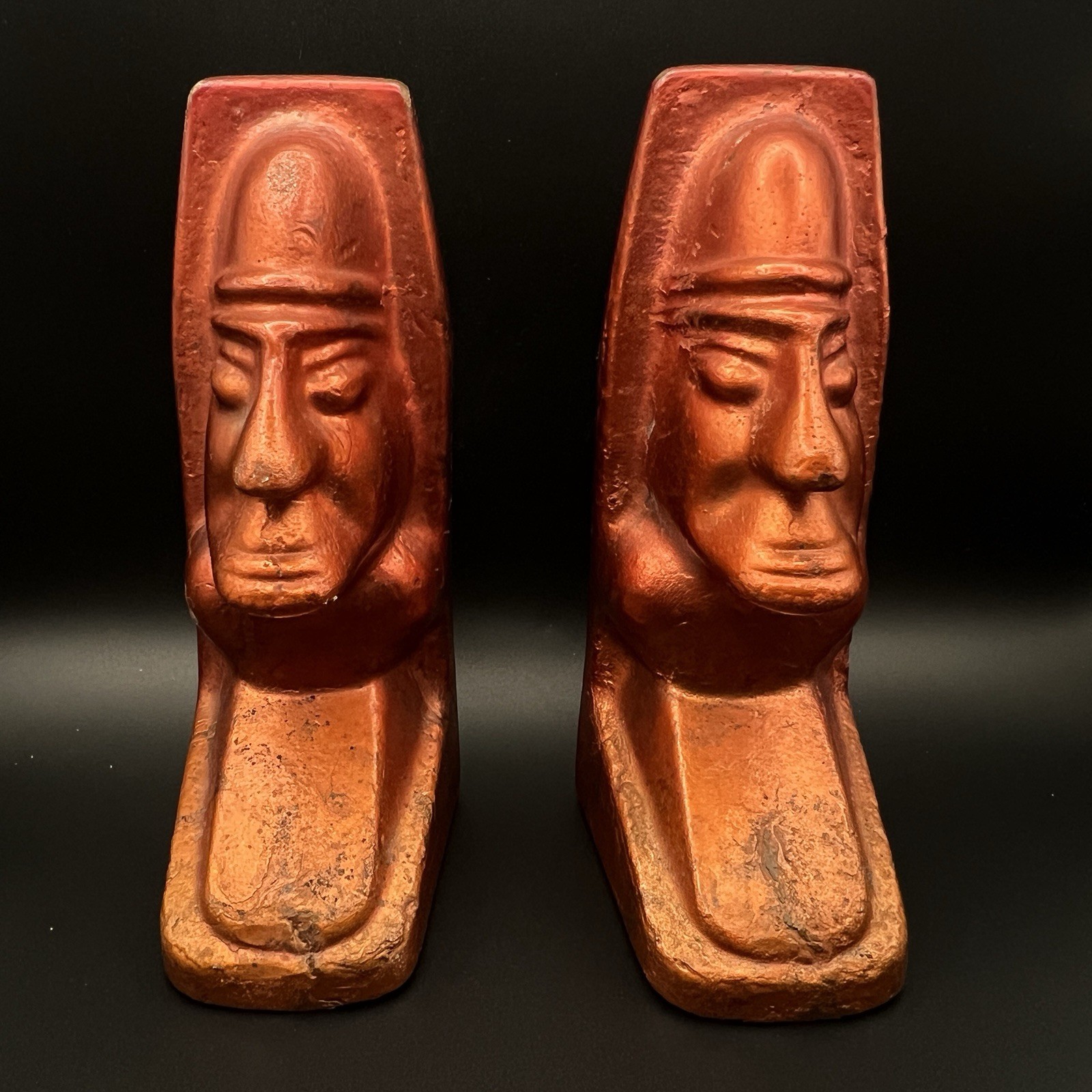 Vintage White Pine Mine Solid Copper Easter Island Head Bookends 5.5\