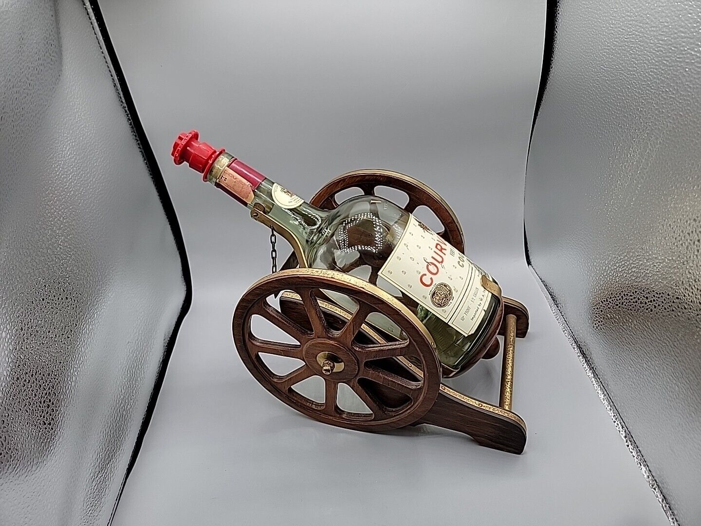 Antique Courvoisier Very Special Cognac Napolean Decanter Wood & Brass Cannon 