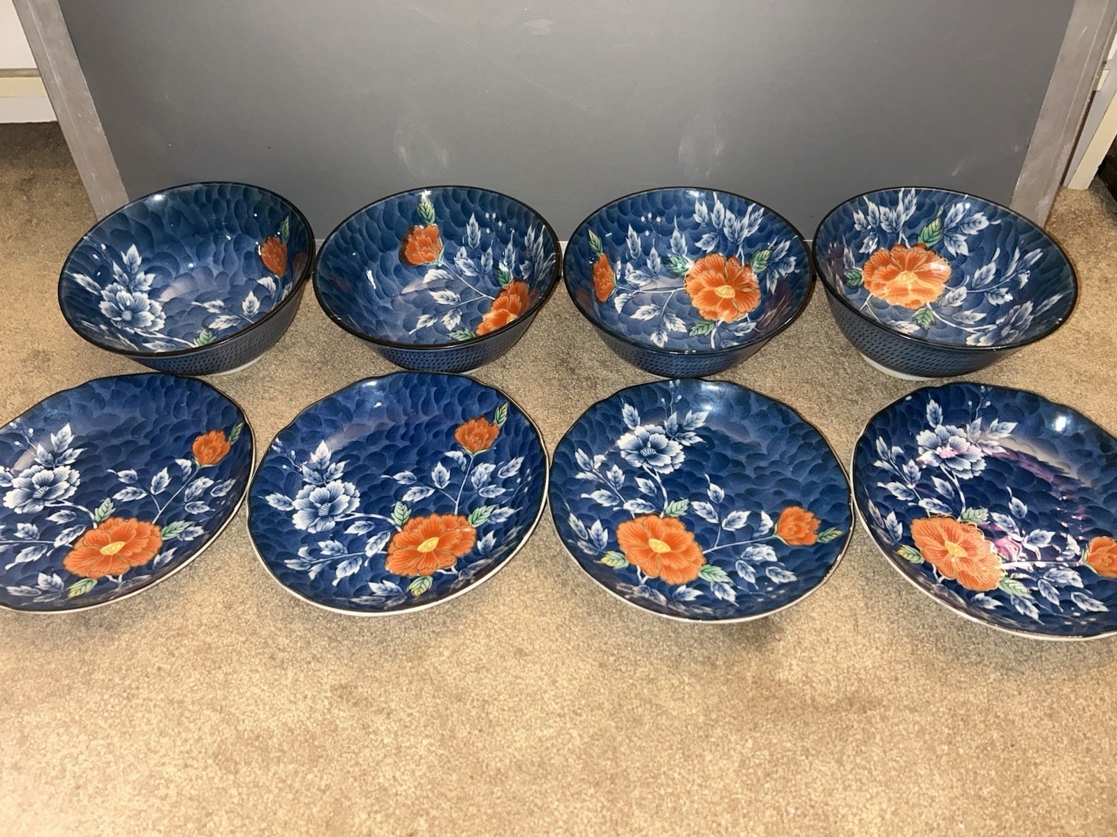 Vintage Japanese Arita Juzan Gama Porcelain Blue W/ Peony Assorted Set of 8 Dish