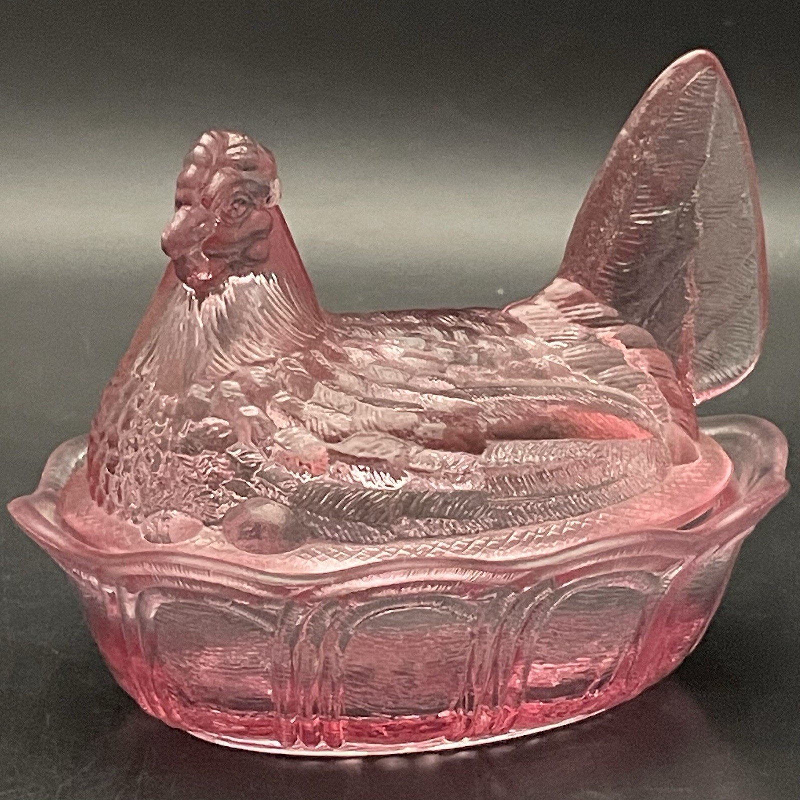 Fenton Pink Split Tail Hen on Nest Salt Cellar Candy Dish c1990s USA 4.25