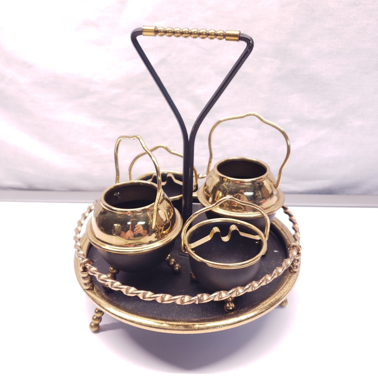 Rare Mid Century Modern Vintage Brass Guest Portable Ashtrays & Spitoon Tray Set
