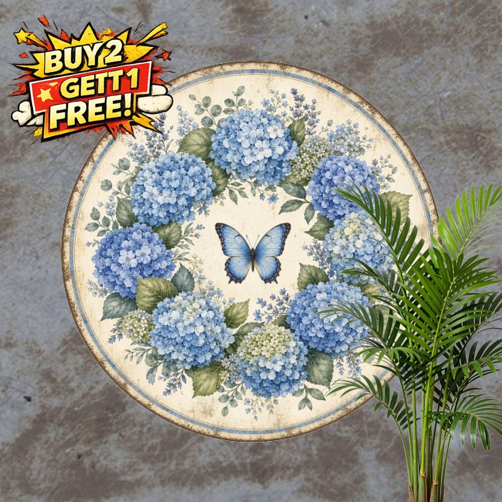 Hydrangea Floral Wreath Blue Butterfly Tin Sign Round Spring Metal Plaque