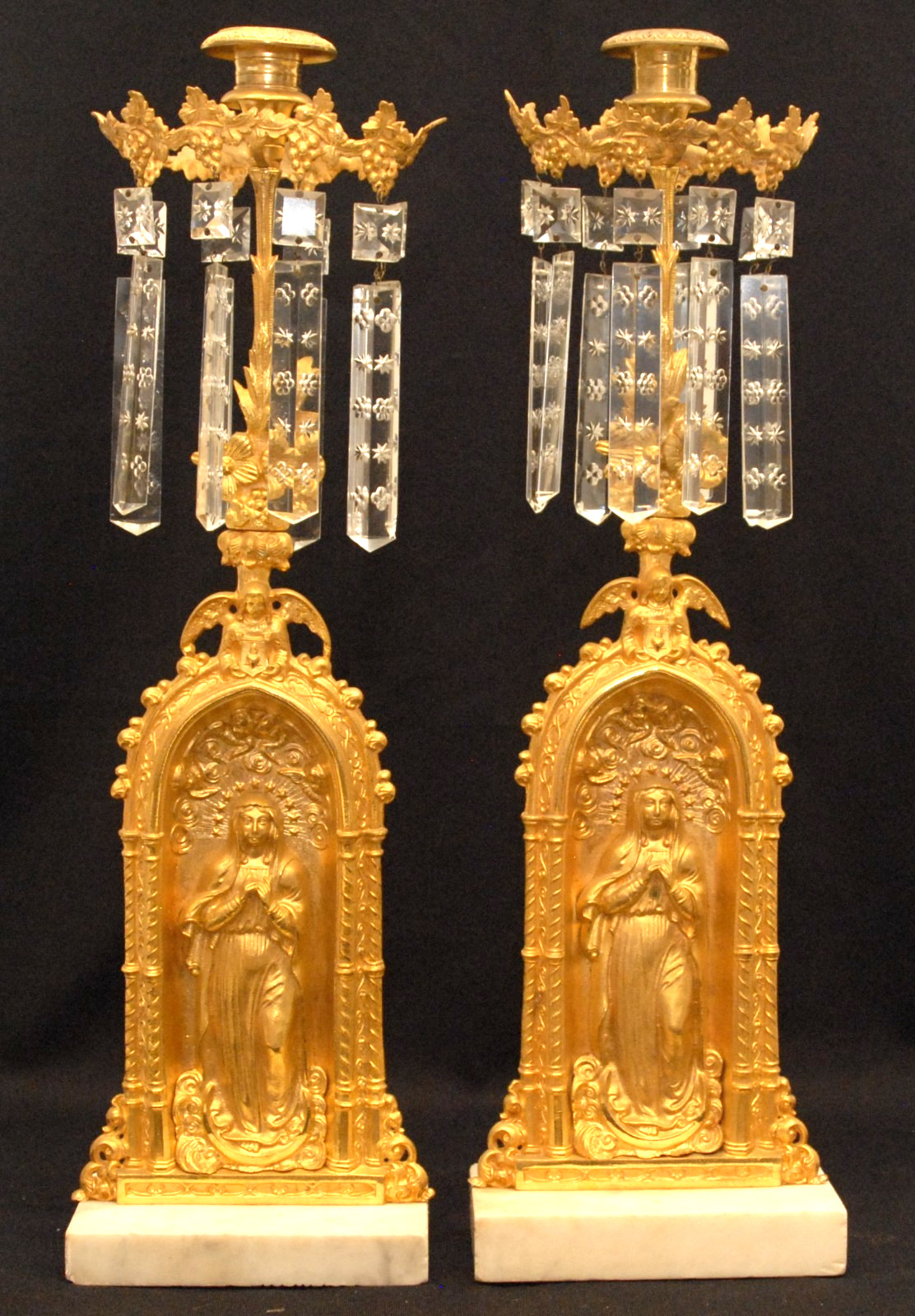 RARE ANTIQUE PAIR CORNELIUS & BAKER VIRGIN MARY  GIRANDOLES GARNITURE SET CANDLE