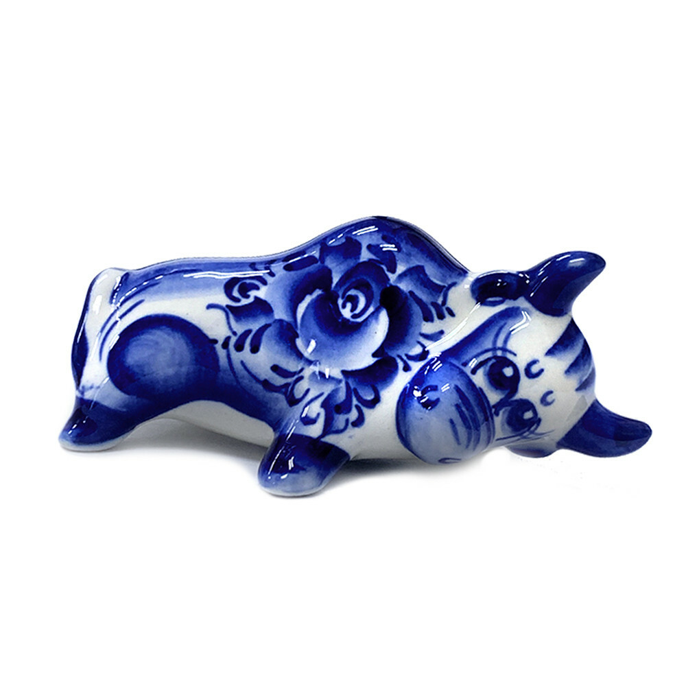 Large Gzhel Porcelain Bull Figurine, Symbol 2021, Handmade in Russia. ГЖЕЛЬ