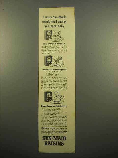 1943 Sun-Maid Raisins Ad - Food Energy You Need Daily