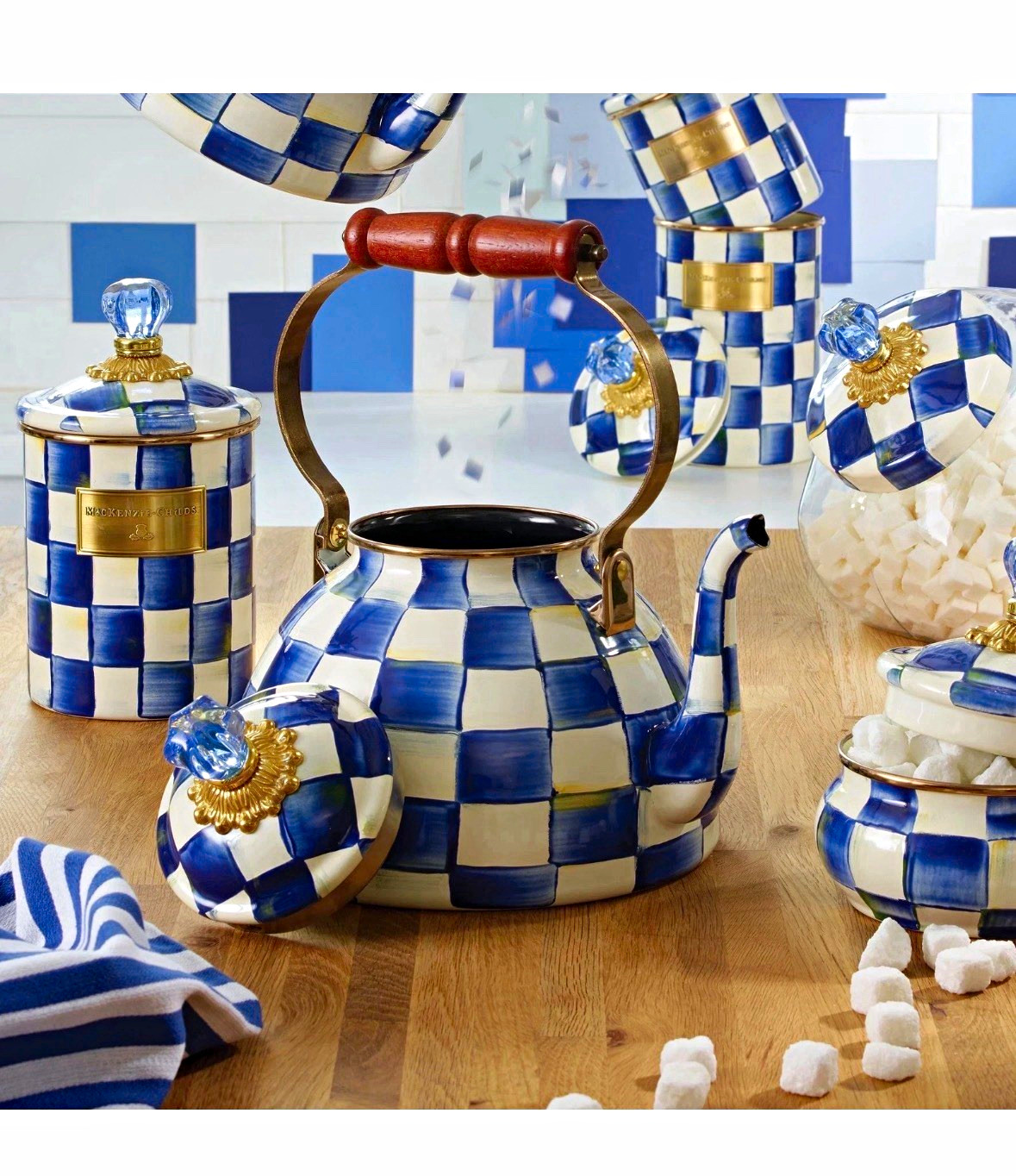 MacKenzie-Childs Royal Check Blue/White Stove Top Tea Kettle w/ Lid