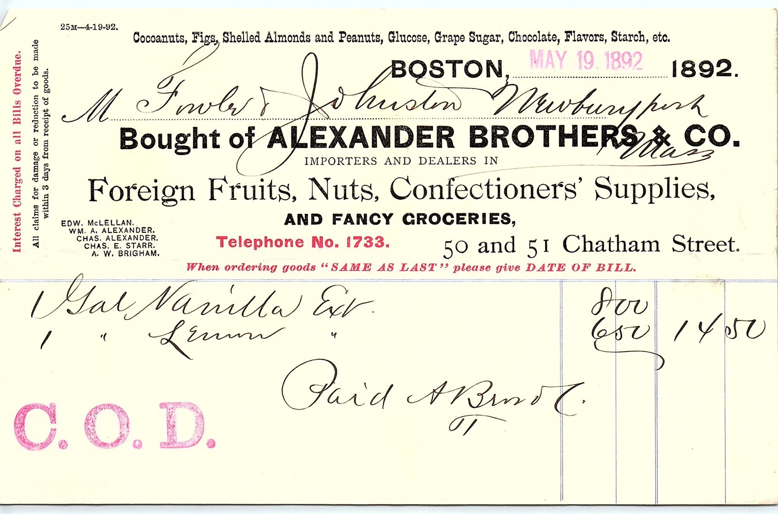 1892 Boston Alexander Brothers & Co. Billhead - Extracts