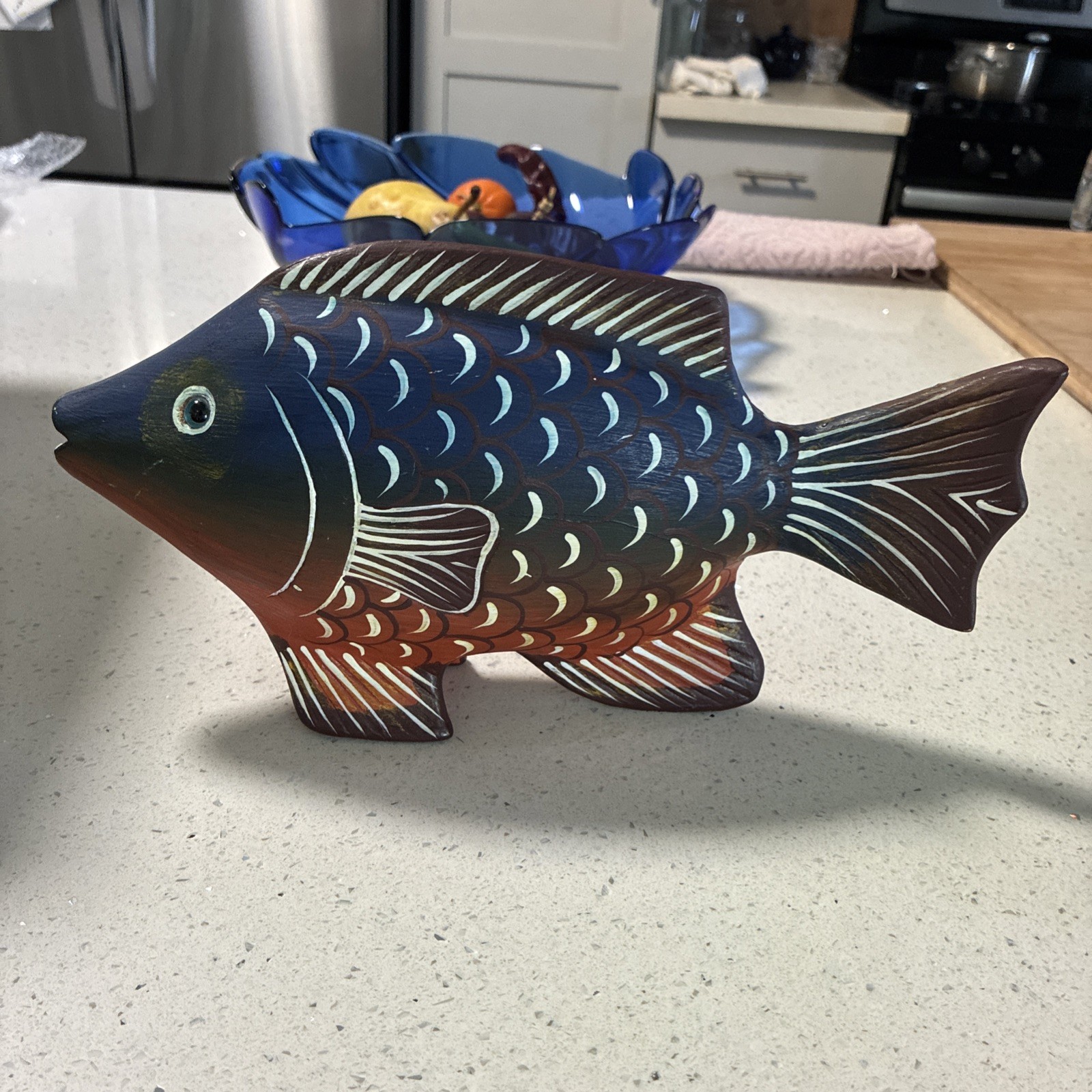 Vintage collectible Handcarved Wooden Fish Figurine. 10 inches Glass Eyes