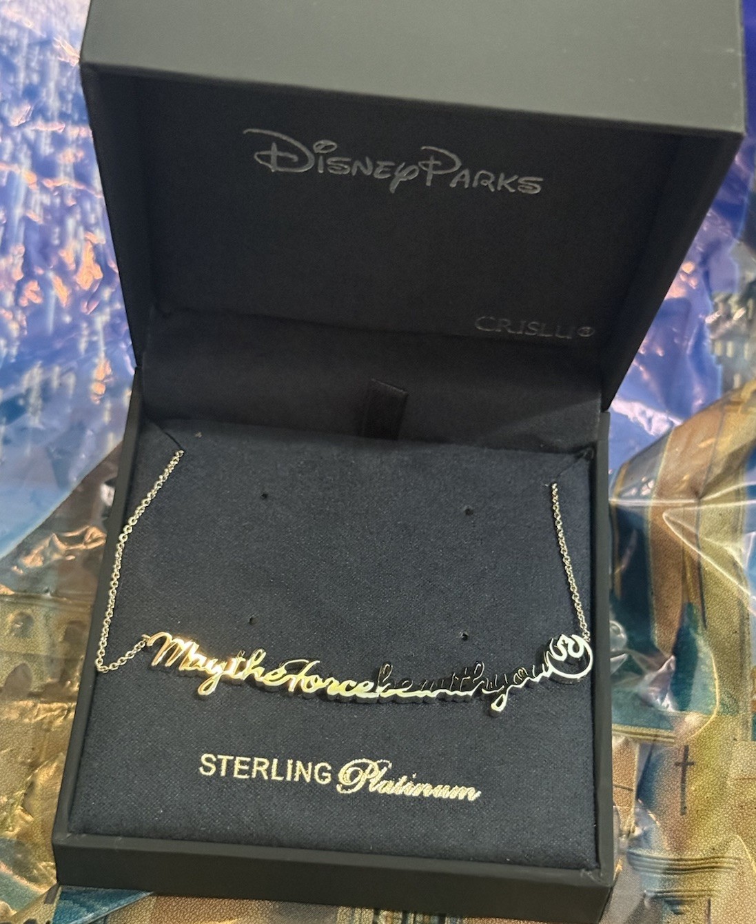 Disney Crislu Star Wars May The Force Be With You Sterling Platinum Necklace New