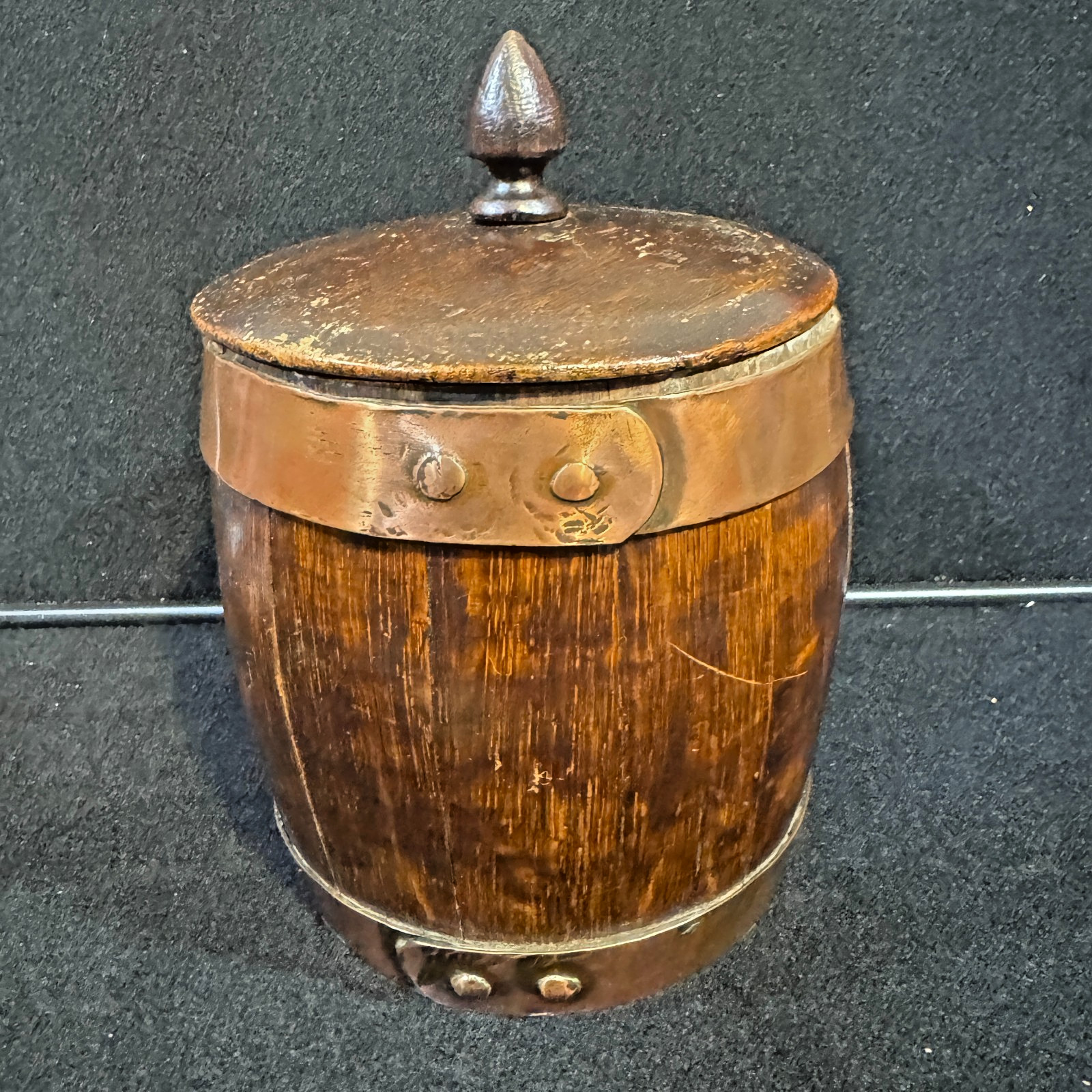 Antique Early 19th Century English Oak Tobacco Jar Barrel Copper Banding