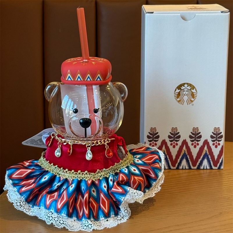 New Starbucks China Bazaar Ethnic Style Limited 16oz Bearista Glass Straw Cup