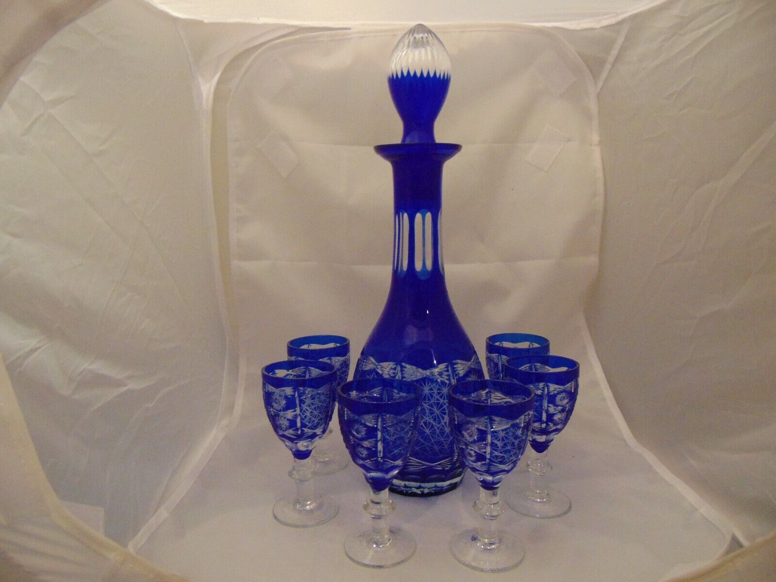 Bohemian Cobalt Decanter w/Stopper and 6 Small Cordial Glasses Cut Glass MINT