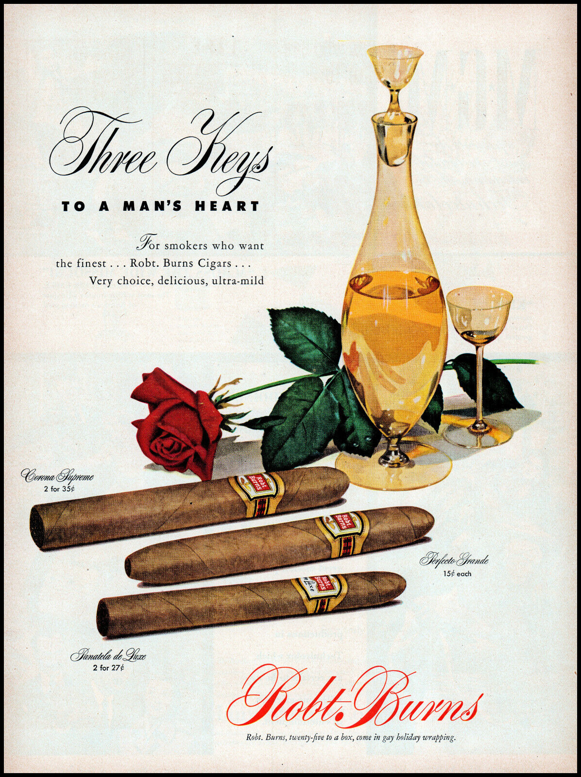 1950 Robt. Burns cigars 3 keys to a man\'s heart 3 styles retro art print ad LA21