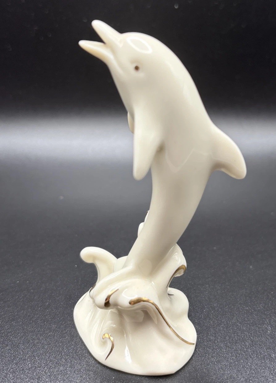 Lenox Dolphin Figurine With Wave Ivory Porcelain 24K Gold Accents 4\