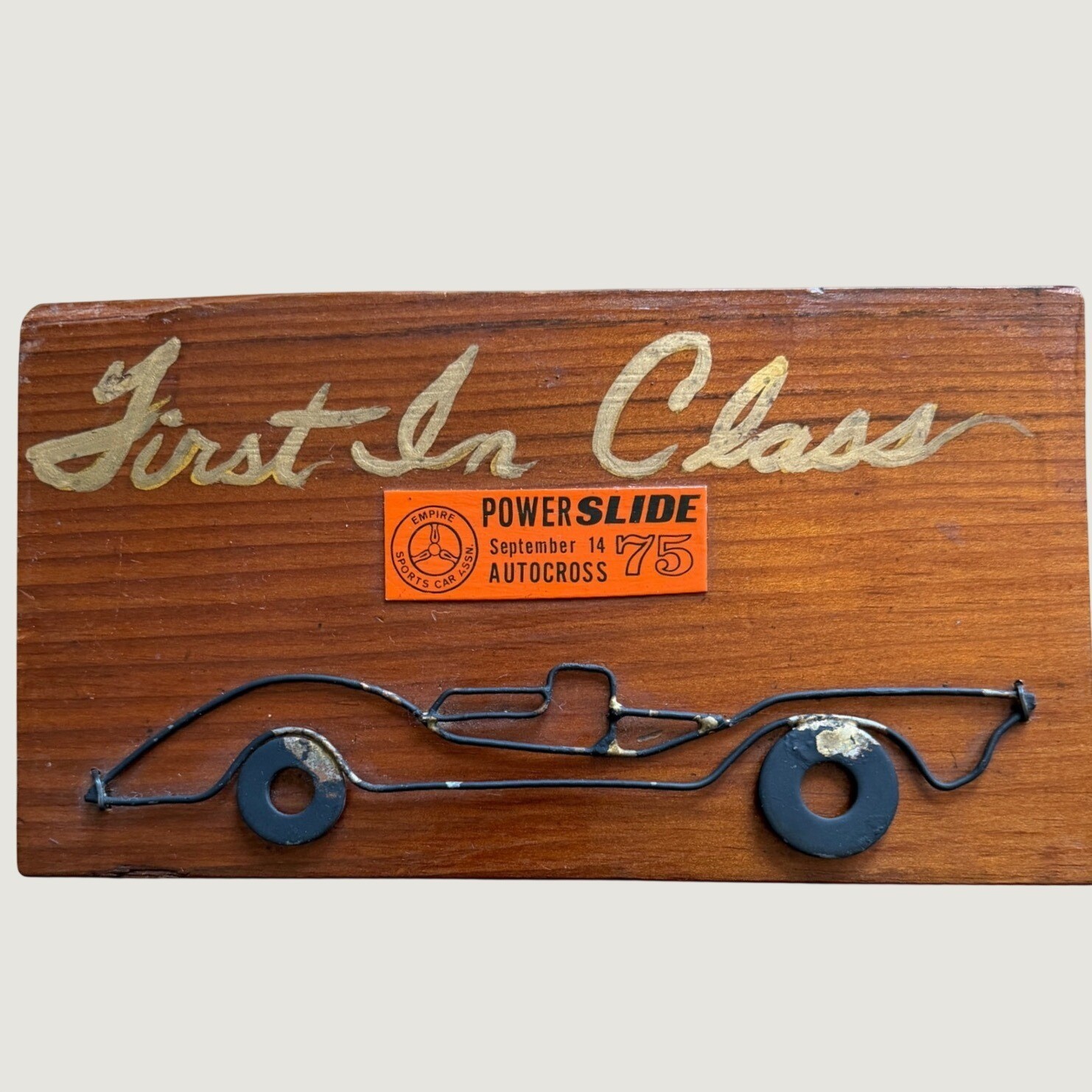 Vintage 1975 Empire Sports Car Assn Powerslide Autocross Trophy Plaque Wood Wire Vintage 1975 Empire Sports Car Assn Powerslide Autocross Trophy Plaque Wood Wire