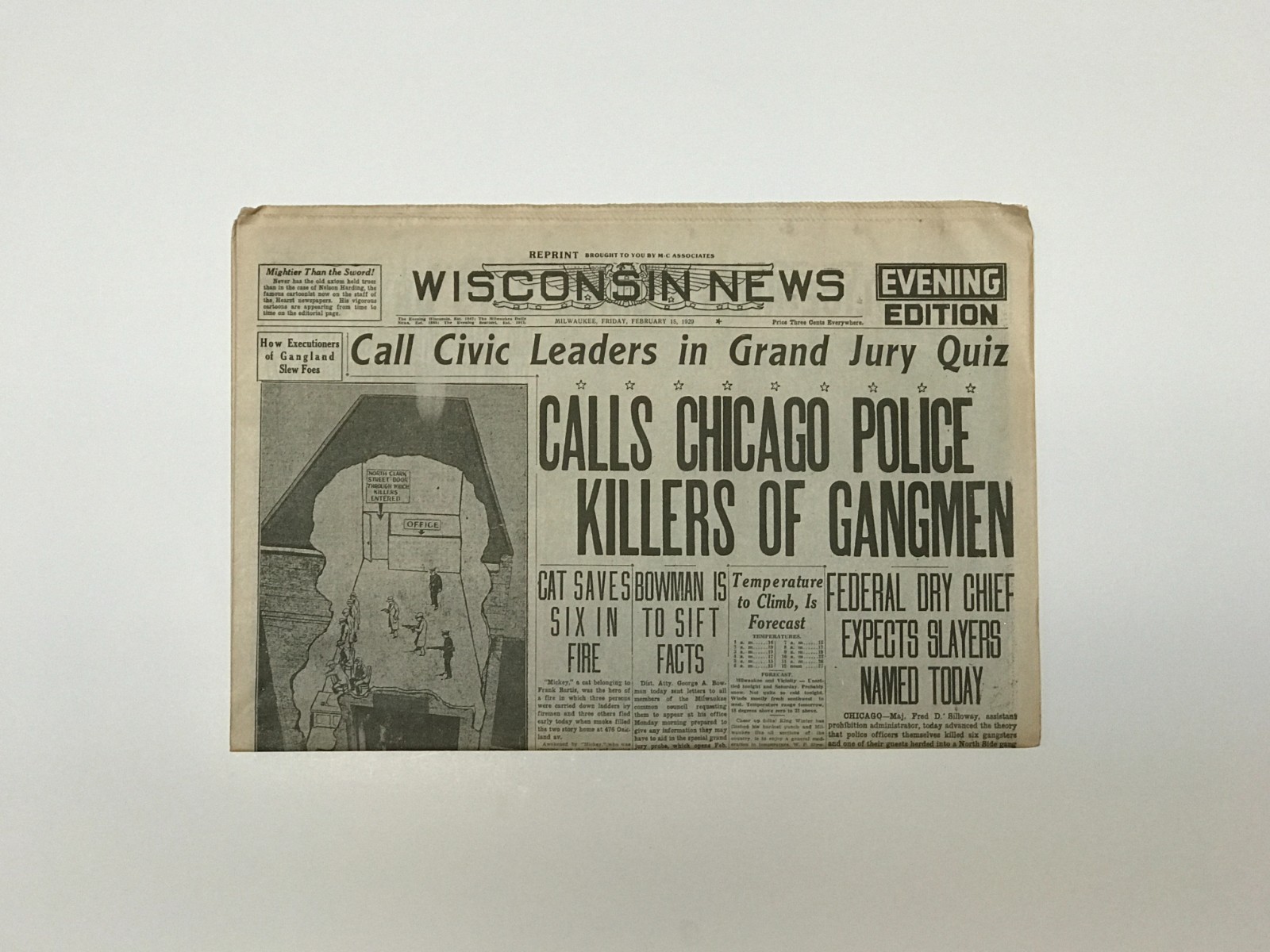 NEWSPAPER REPRINT - 1929 - Saint Valentine\'s Day Massacre