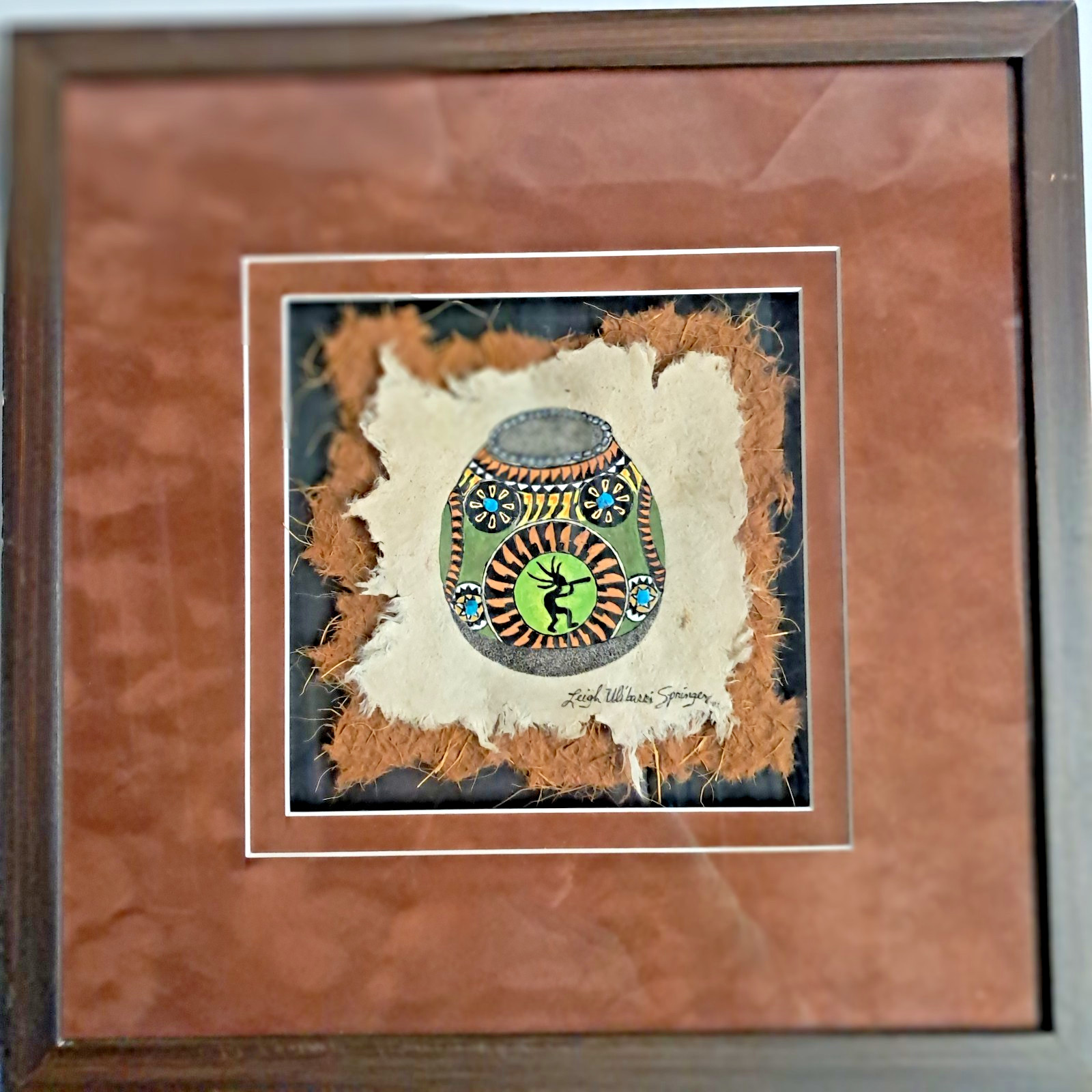 Leigh Springer, Kokopelli Native American Framed Painting Handmade Paper