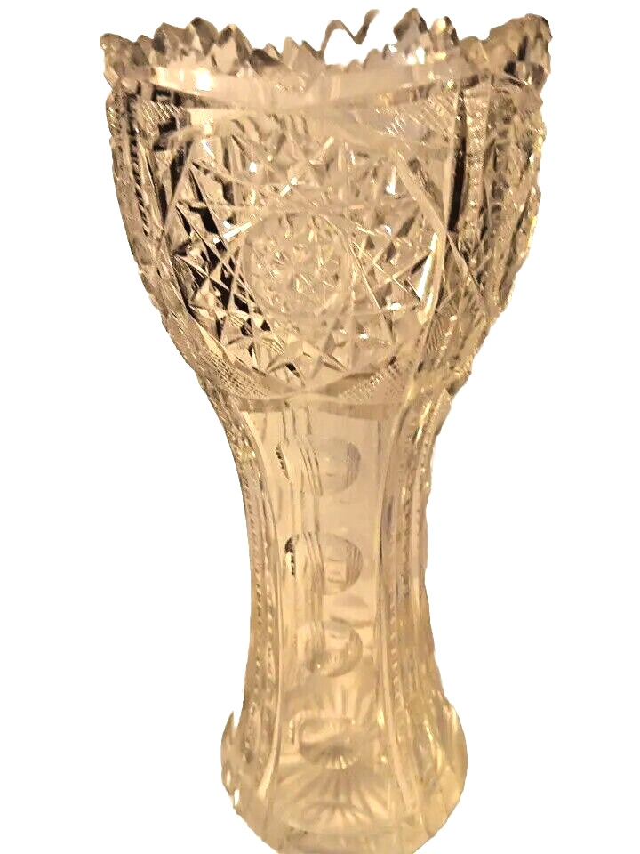 Vintage 12” Leaded Crystal Vase Sawtooth Rim Mid‑Century Pressed Glass Decor