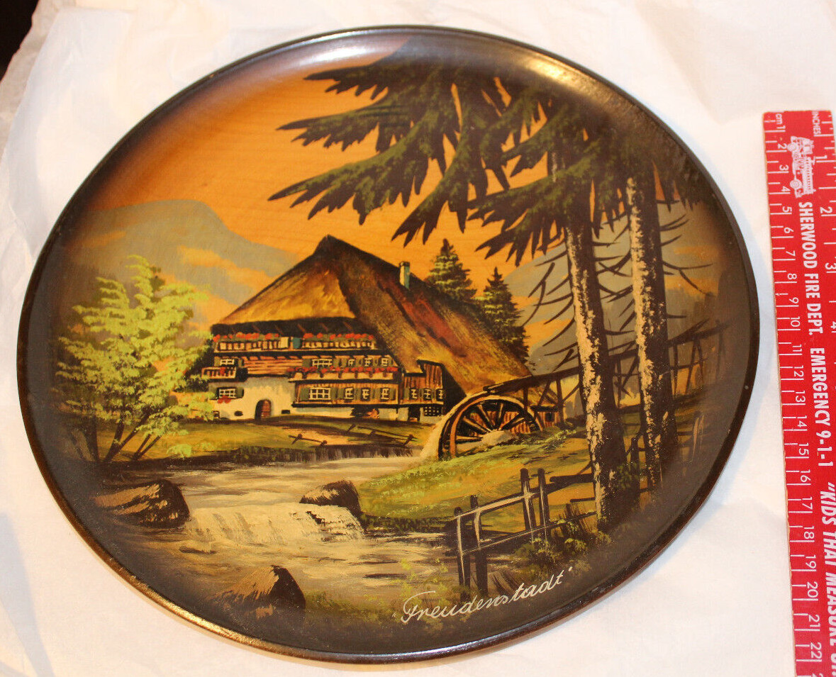 Vintage Freudenstadt Germany Black Forest Hand Painted Wooden Wall Hanging Plate