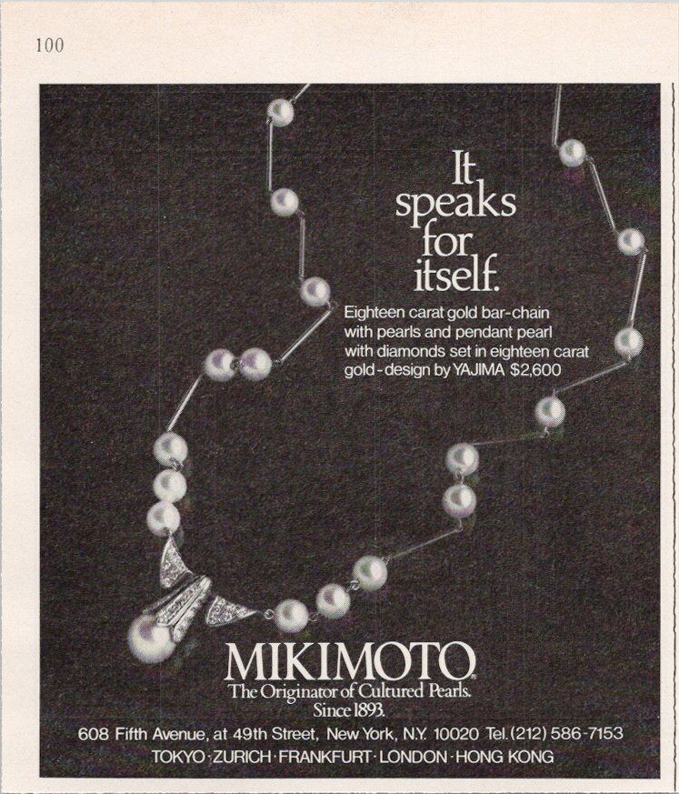 Mikimoto 1980 Vintage Print Ad Cultured Pearls 18K Gold Necklace