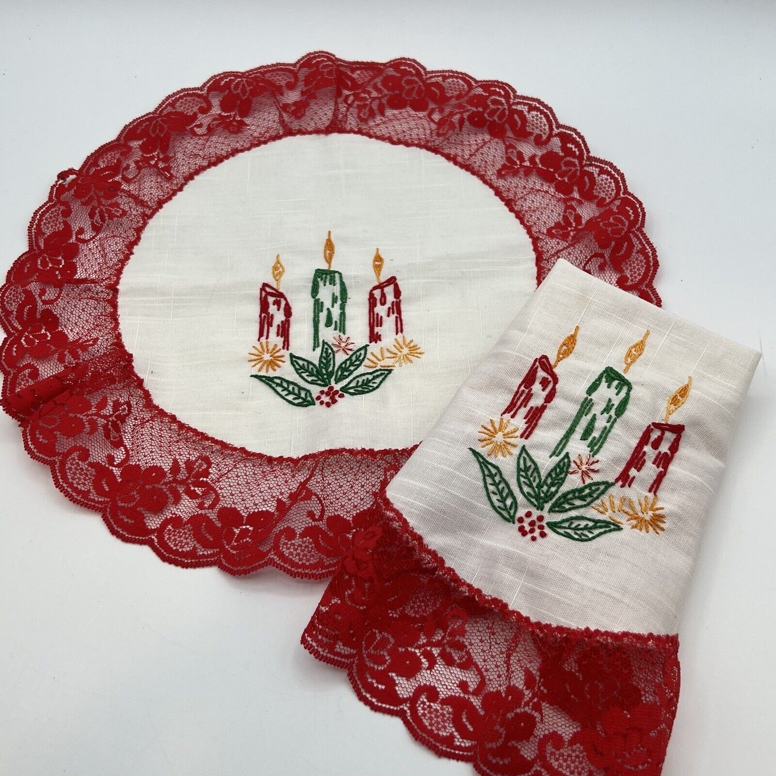 Set 2 Vtg Embroidered Christmas Doily Candle Lace Red White Kitsch Handmade 13