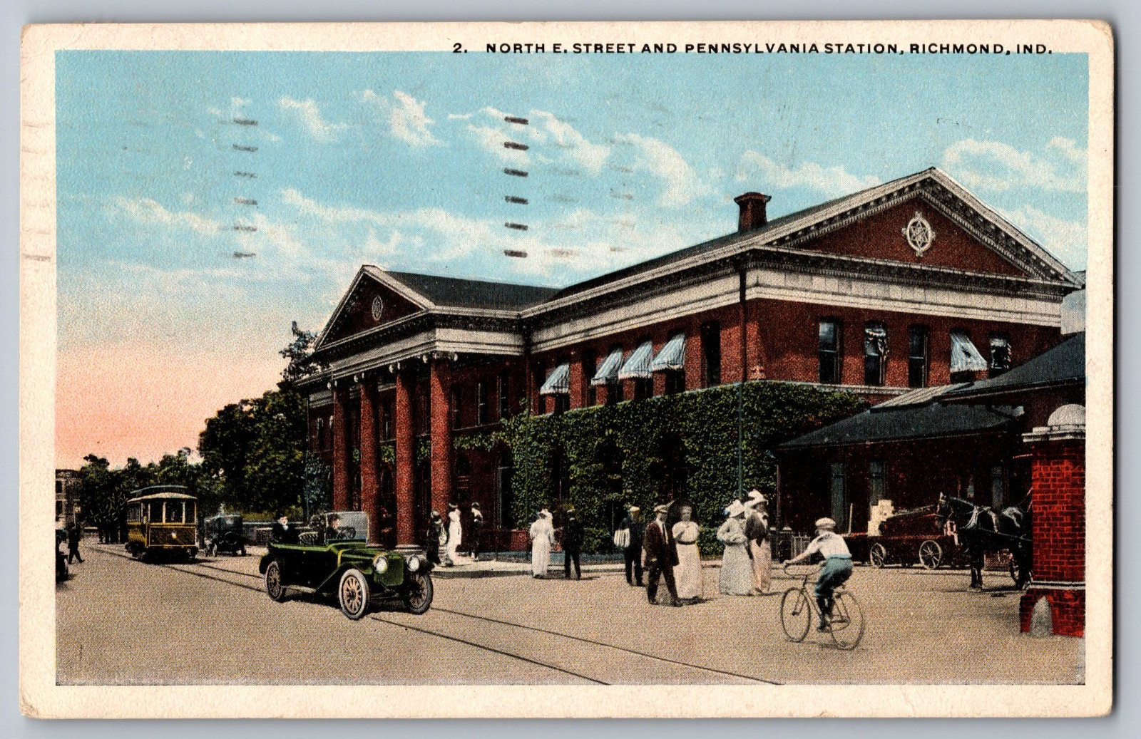 1919  North E Street and PRR Station Richmond Indiana Postcard